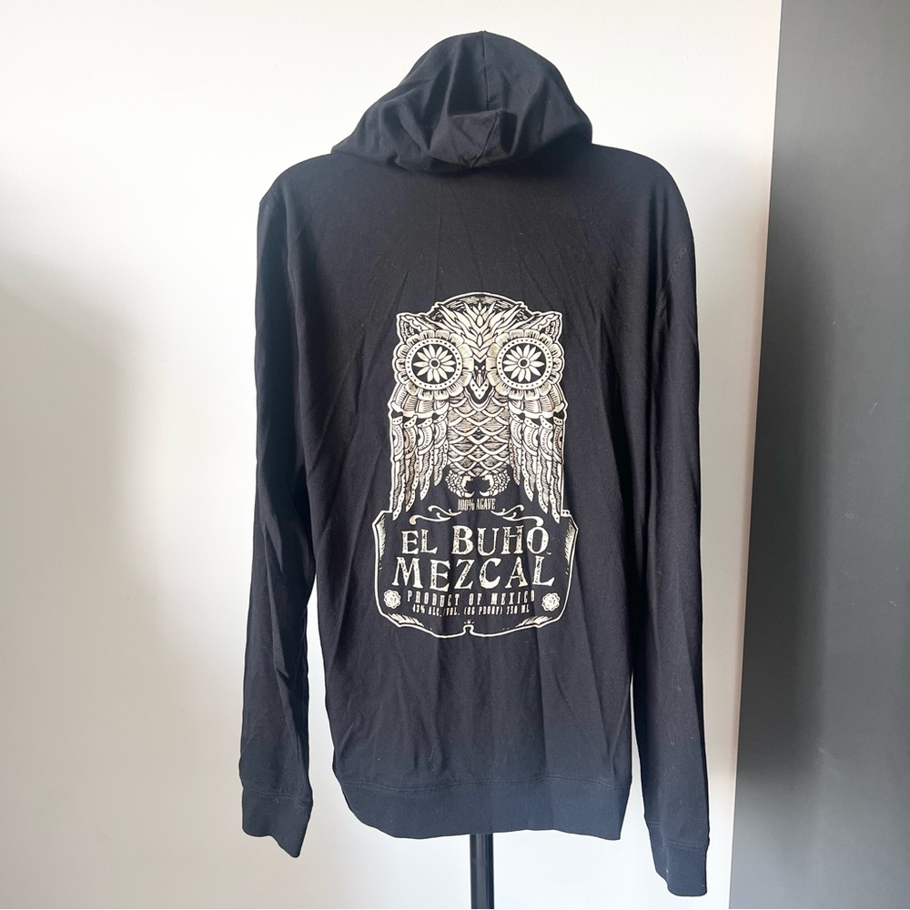 El Buho Mezcal Black Hooded Long Sleeve Zip Up Lightweight Hoodie Size L